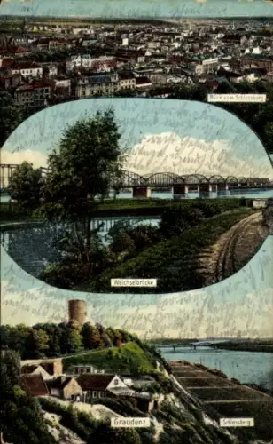 Ak Grudziądz Graudenz Westpreußen, Blick vom Schlossberg, Weichselbrücke,  Schlossberg