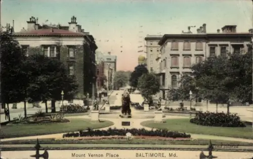 Ak Baltimore Maryland USA, Mount Vernon Place,  Statue, Bäume, Gebäude