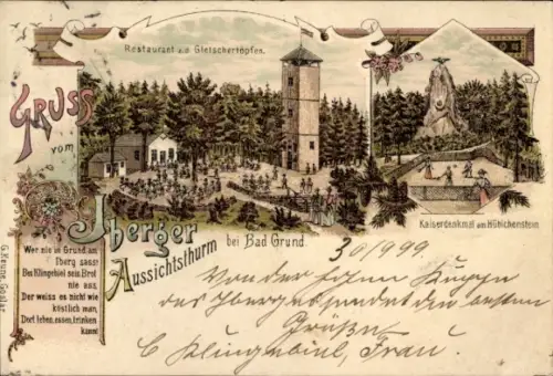 Litho Bad Grund im Harz, Iberger Aussichtsturm, Restaurant Gletschertöpfen, Hübichenstein, Denkmal