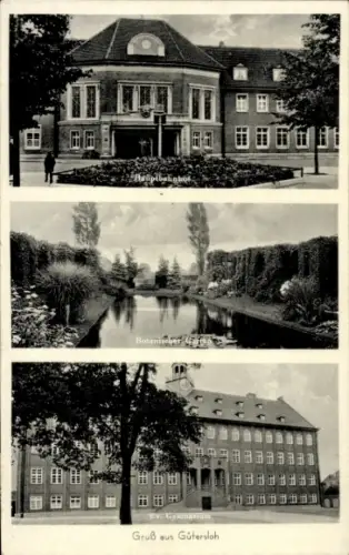 Ak Gütersloh in Westfalen, Hauptbahnhof, Gymnasium, Botanischer Garten