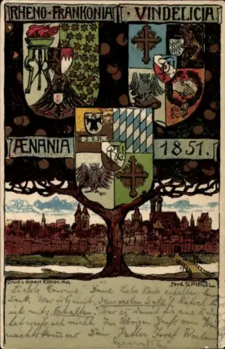 Studentika Künstler Litho Spiegel, F., München, Aenania Vindelicia Rheno Frankonia, Wappen