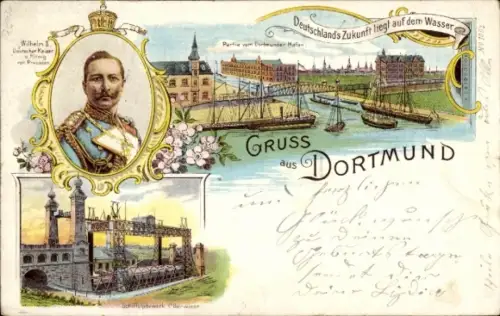 Litho Dortmund im Ruhrgebiet, Kaiser Wilhelm II., Schiffshebewerk Oberwiese, Hafen