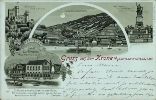 Mondschein Litho Assmannshausen Rüdesheim Rhein, Schloss Rheinstein, Nationaldenkmal, Hotel z. Krone