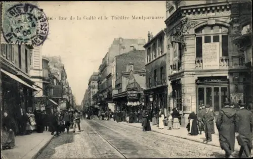 Ak Paris XIV., Rue de la Gaite et le Theatre Montparnasse