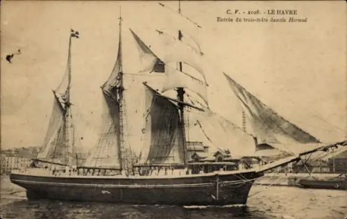 Ak Le Havre Seine Maritime, Einfahrt des dänischen Dreimasters Hermod