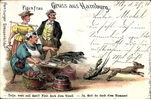 Litho Hamburg, Fischfrau, Hund von Hummer gezwickt