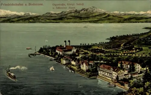 Ak Friedrichshafen am Bodensee, Olgastraße, Königliches Schloss, Schweizer Alpen
