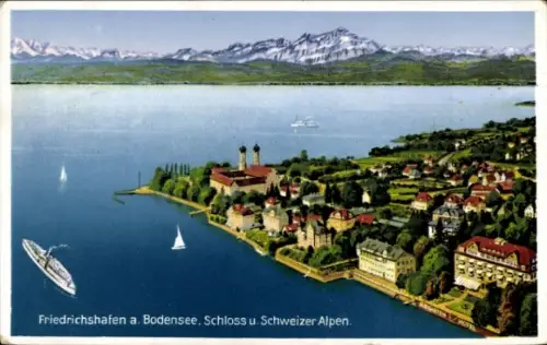 Ak Friedrichshafen am Bodensee, Gesamtansicht, Schloss, Schweizer Alpen