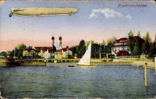 Ak Friedrichshafen am Bodensee, Zeppelin, Luftschiff, Segelboot
