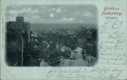 Mondschein Ak Falkenberg an der Waldnaab Oberpfalz, Gesamtansicht