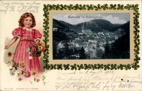 Präge Passepartout Ak Bad Berneck im Fichtelgebirge Bayern, Gesamtansicht, Mädchen, Blumenkorb