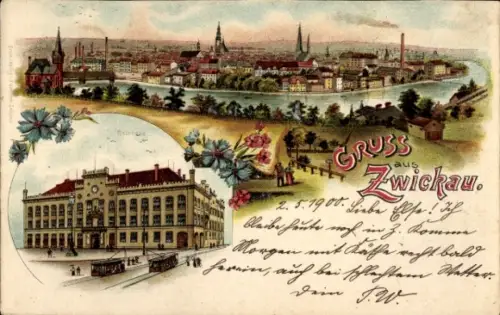 Litho Zwickau in Sachsen, Rathaus, Gesamtansicht