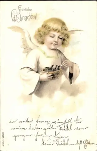Ak Frohe Weihnachten, Engel, Vogelküken