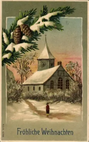Präge Litho Glückwunsch Weihnachten, Schneebedeckte Kirche, Tannenzweig, Zapfen