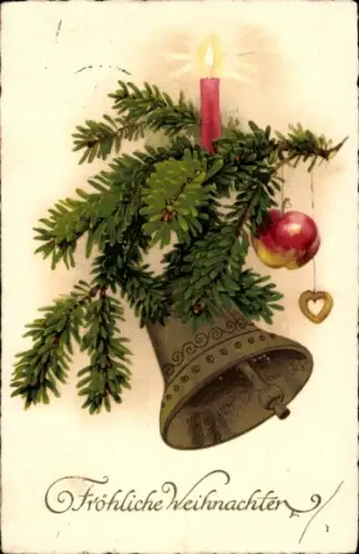 Litho Frohe Weihnachten, Tannenzweig, Glocke