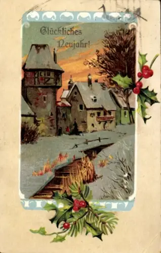Passepartout Ak Glückwunsch Neujahr, Dorfidyll, Stechpalme