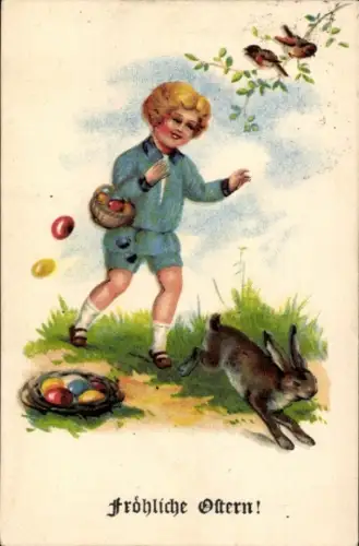 Ak Glückwunsch Ostern, Junge, Hase, Ostereier