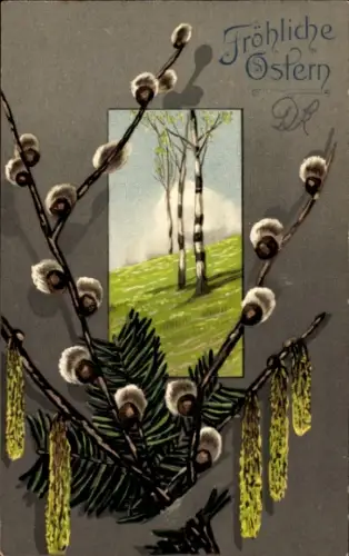 Präge Passepartout Ak Glückwunsch Ostern, Weidenkätzchen