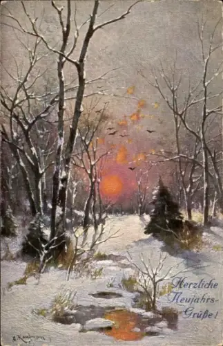Künstler Ak Kaufmann, Glückwunsch Neujahr, Winterlandschaft