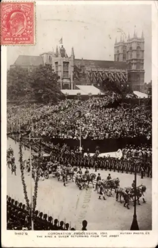 Ak London, Coronation Procession 1911, King and Queen returning from the Abbey