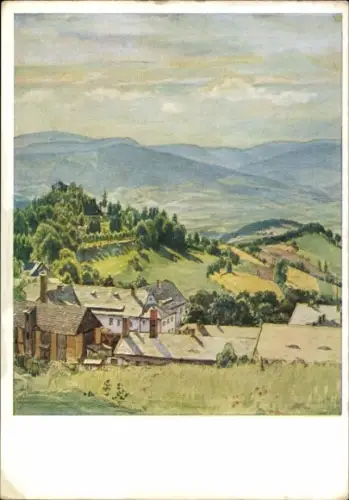 Künstler Ak Bad Gräfenberg Lázně Jeseník Jeseník Freiwaldau Reg. Olmütz, Bild über das alte Kurhaus