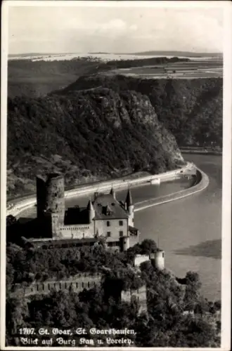 Ak St. Goar am Rhein, Blick auf Burg Rag, Loreley,  St. Goarshausen, Schwarz-Weiß