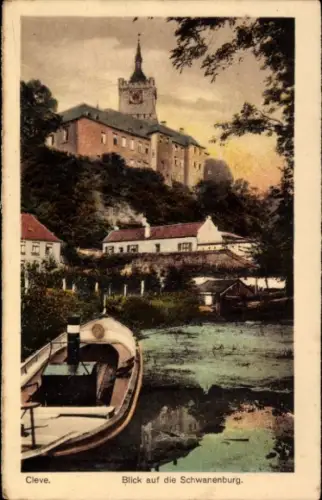 Ak Bad Cleve Kleve am Niederrhein, Schwanenburg,  Boot, Wasser, Landschaft