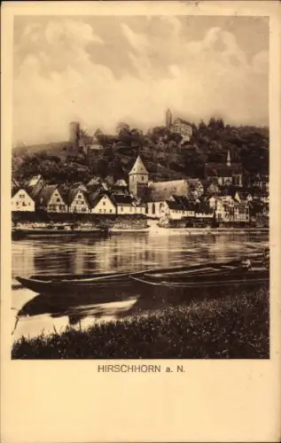 Ak Hirschhorn am Neckar Hessen, Hirschhorn am Neckar, Flusslandschaft, Boote,  Gebäude