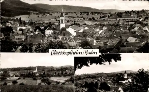 Ak Oberschopfheim Friesenheim in Baden, Panoramablick auf  Kirche, ländliche Umgebung