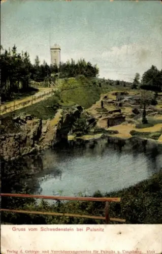 Ak Schwedenstein bei Pulsnitz, Gruss vom Schwedenstein, Aussichtsturm, Wasser, Felsen, Natur