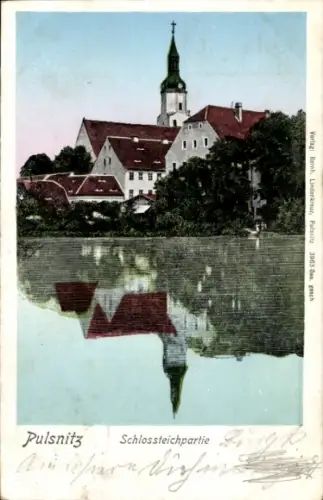 Ak Pulsnitz Sachsen, Schloss, Schlossteich, Wasserreflexion,  Verlag Bernh. Lindenkreuz