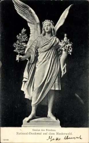 Ak Rüdesheim am Rhein, Niederwald Nationaldenkmal, Engel mit Flügeln, Statue, National-Denkmal, N