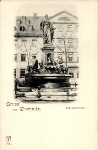 Ak Chemnitz in Sachsen, Saxoniabrunnen, Statue,  Gruss aus Chemnitz