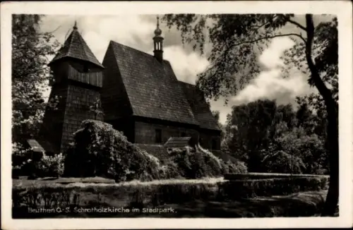 Ak Bytom Beuthen Oberschlesien, Schrotholzkirche, Stadtpark,  Schwarz-Weiß-Foto