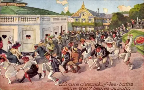 Ak Mondorf les Bains Bad Mondorf Luxemburg, Menschen rennen zu Toiletten
