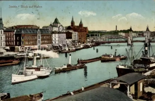Ak Szczecin Stettin Pommern, Blick auf Hafen, Schiffe, Brücke, Gebäude, Wasser