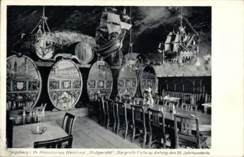 Ak Kaliningrad Königsberg Ostpreußen, Weinlokal Blutgericht, Segelschiffe, Miniaturen