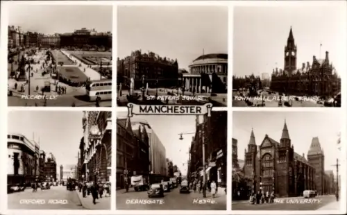 Ak Manchester England, Piccadilly, St Peters Square, Town Hall, Oxford Road, Deansgate, The Unive