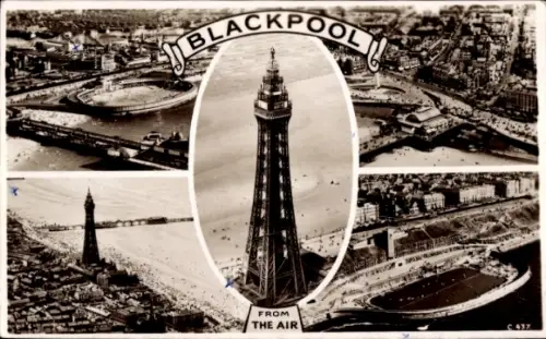 Ak Blackpool Lancashire England, Luftaufnahme von  Blackpool Tower, Strand, Vergnügungspark