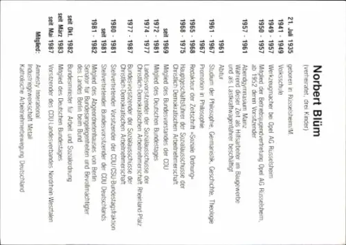 Autogrammkarte Politiker Norbert Blüm, Autogramm