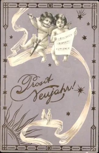 Ak Prosit Neujahr, zwei musizierende Engel