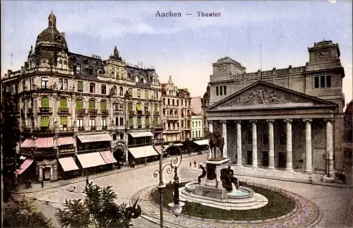 Ak Aachen,  Theater, Gebäude, Statue, Straßenansicht