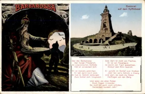 Ak Bad Frankenhausen am Kyffhäuser Thüringen, Denkmal Barbarossa, Kaiser Friedrich,  Gedicht über
