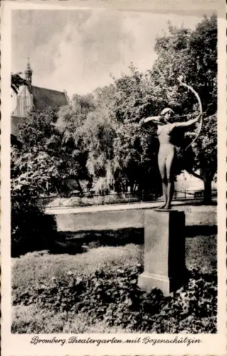 Ak Bydgoszcz Bromberg Westpreußen,  Theatergarten, Statue einer Bogenschützin