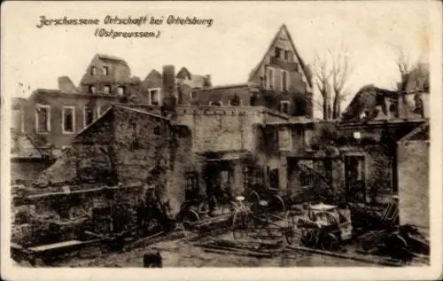 Ak Szczytno Ortelsburg Ostpreußen, Zerschossene Ortschaft, I. WK