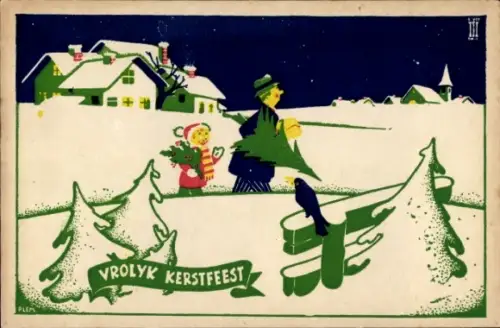 Künstler Ak Frohe Weihnachten, Tannenbaum, Dorfidyll