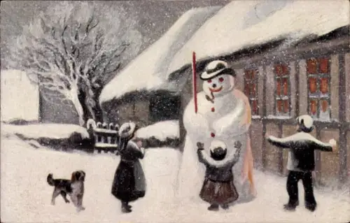 Ak Glückwunsch Weihnachten, Schneemann, Kinder, Hund