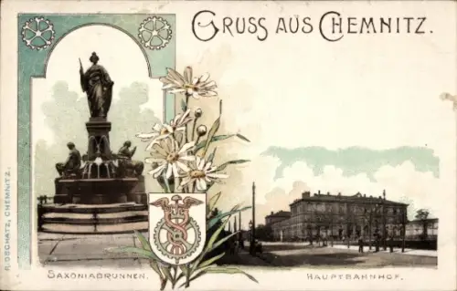 Wappen Litho Chemnitz in Sachsen, Saxoniabrunnen, Hauptbahnhof