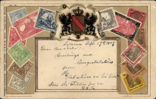 Präge Wappen Briefmarken Ak Zwei schwarze Vögel, Krone