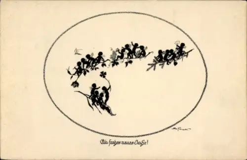 Scherenschnitt Künstler Ak Forck, E., Glückwunsch Neujahr, Feen, Glücksklee